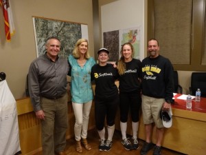 1490 Soroptimist Loomis Contributions to Del Oro Pool and Softball field projects – LtoR Dan Gayaldo, Grace Kamphefner, MacKenzie Parks, Olivia Moore & Sean Erickson