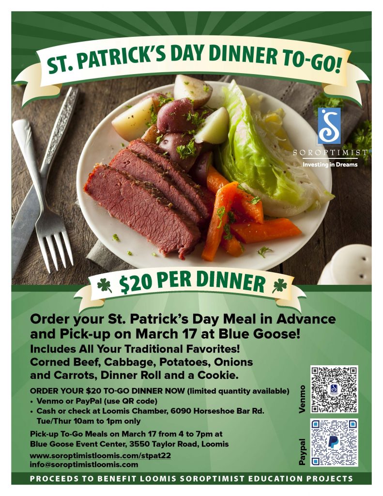 Loomis Soroptimist Flyer St. Patrick's Dinner to Go Fundraiser March 17 2022